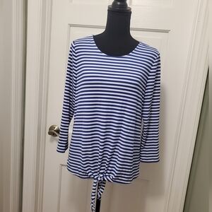 EC Talbots Blue & White Striped Center front Tie Up Knit Top Size Medium, Soft